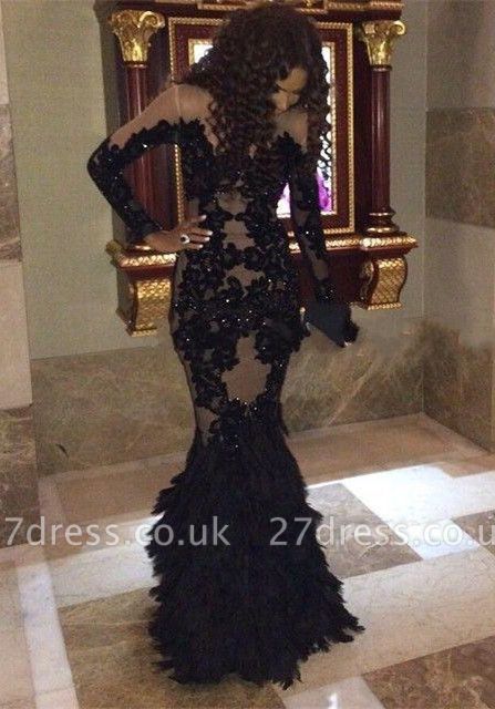 Elegant Black Mermaid Prom Dress UKes UK Long Sleeve Tulle Appliques