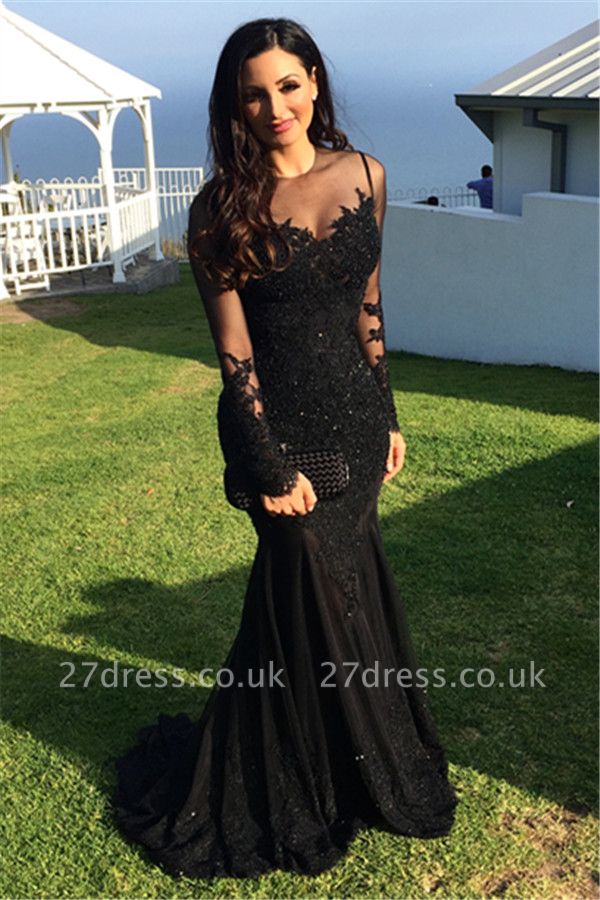 Long-Sleeve Tulle Black Applique Mermaid Elegant Evening Dress UKes UK BA3566