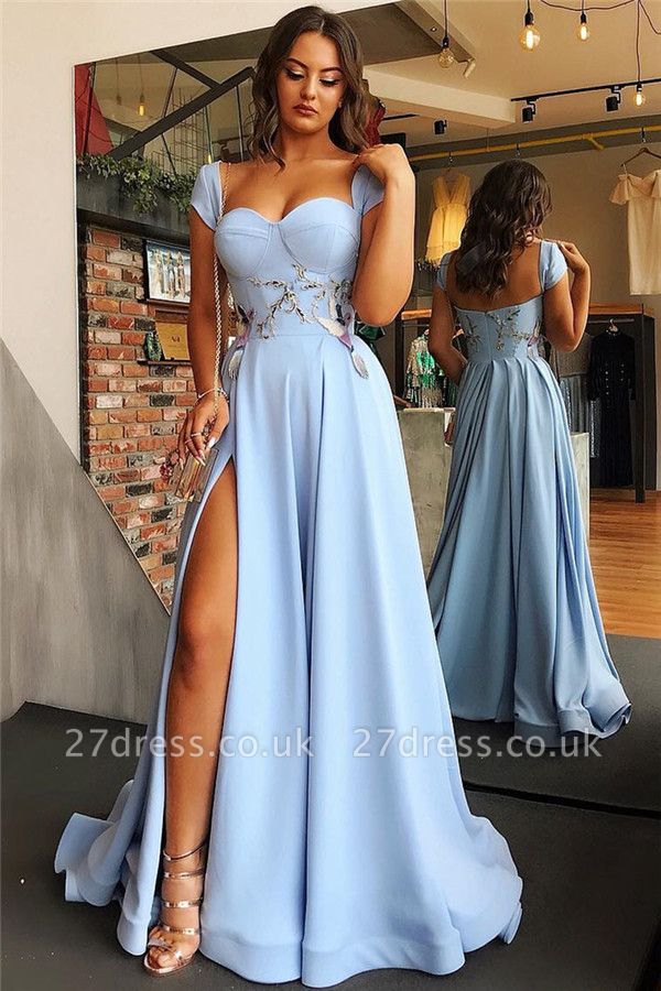 Cap Sleeves Open Back Blue Formal Evening Dress 2019 | Sexy Side Slit Appliques Prom Dresses Cheap bc1747
