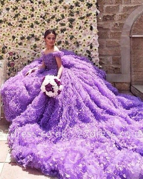Elegant Purple Off-the-shoulder Wedding Dress Long Train Flowers