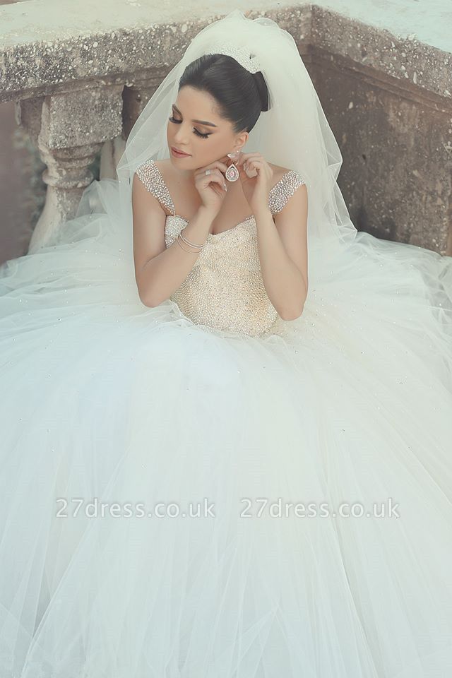 Elegant Off-shoulder Tulle Wedding Dress Ball Gown With Beadss