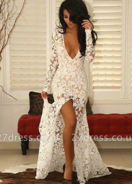 Modern Lace Deep V-neck Mermaid Prom Dress UK Front Split Long Sleeve PD279