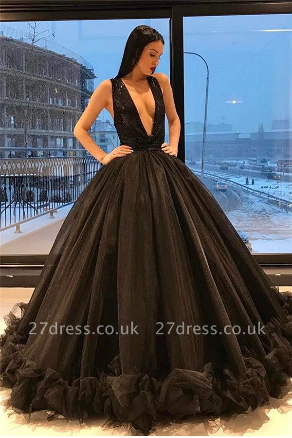 Ruffles Sequins Black Sparkling Puffy Deep-V-Neck Elegant Tulle Sleeveless Evening Dress UK