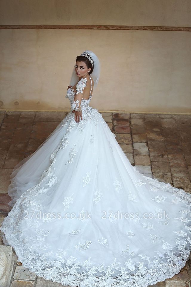 Gorgeous Long Sleeve Appliques Tulle Wedding Dress Hi-Lo With Train