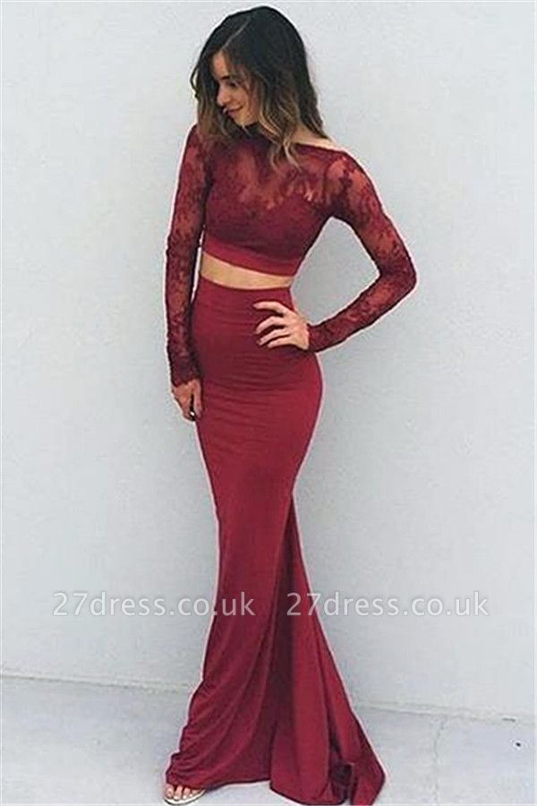 Modern Long Sleeve Two Piece Prom Dress UK Lace Sweep Train BA4306