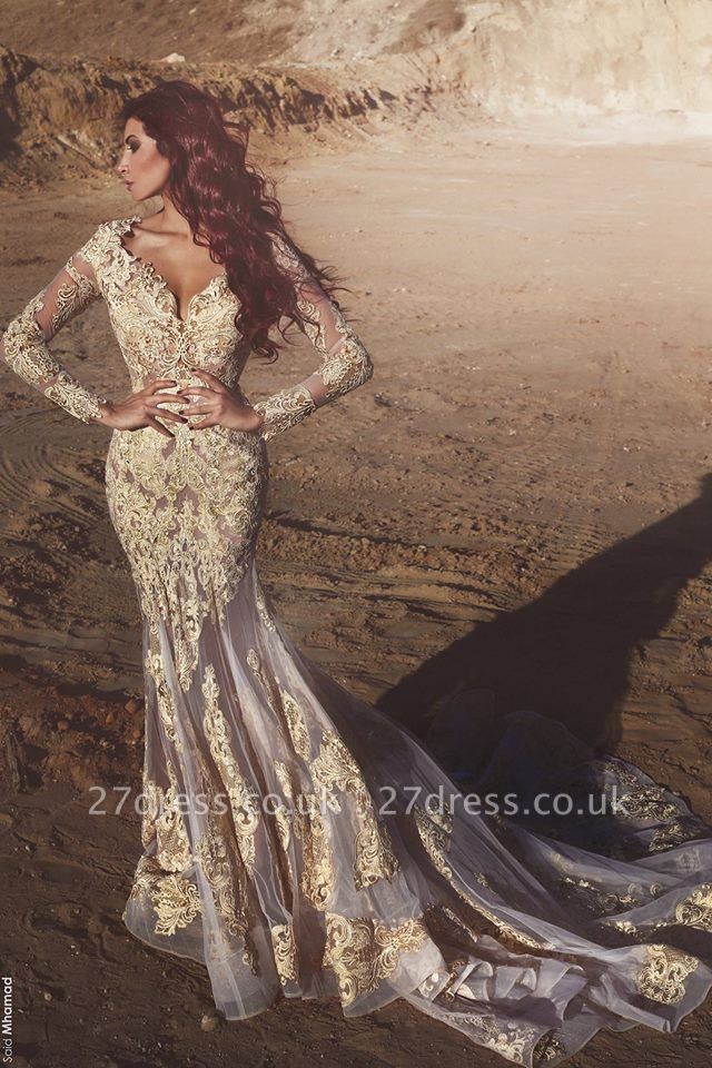 Mermaid Long-Sleeves Appliques Elegant Crystal Prom Dress UK BA4470