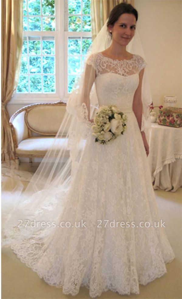 Lace A-line Princess Wedding Dresses UK with Cap Sleeves