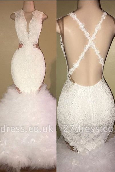 White mermaid lace prom Dress UK, ruffles evening gowns BA8448
