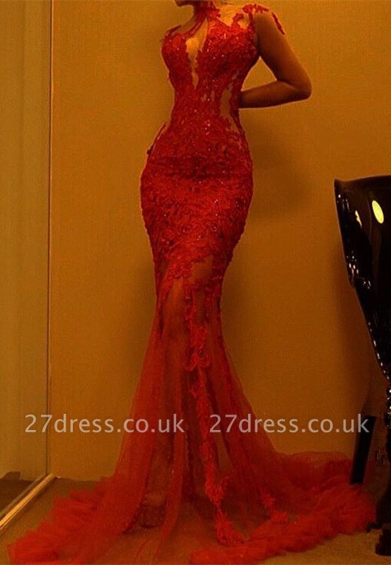 Charming Red Mermaid Evening Dress UK | Long Sleeves High Neck Lace Prom Dress UK