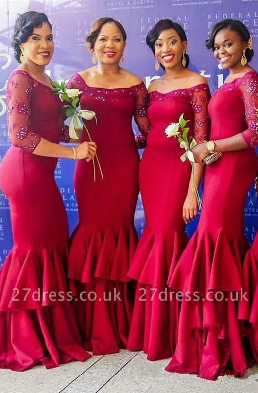 Sexy Long Sleeve Bridesmaid Dress UK | Mermaid Lace Fuchsia Maid of Honor Dress UK