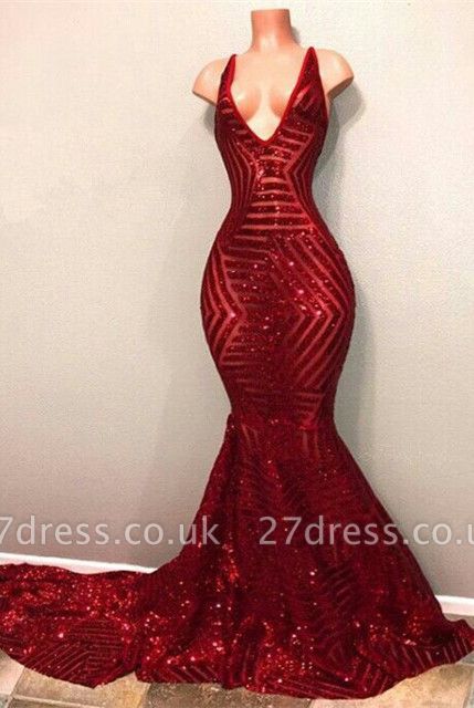 Elegant red sequins prom Dress UK, mermaid evening gowns