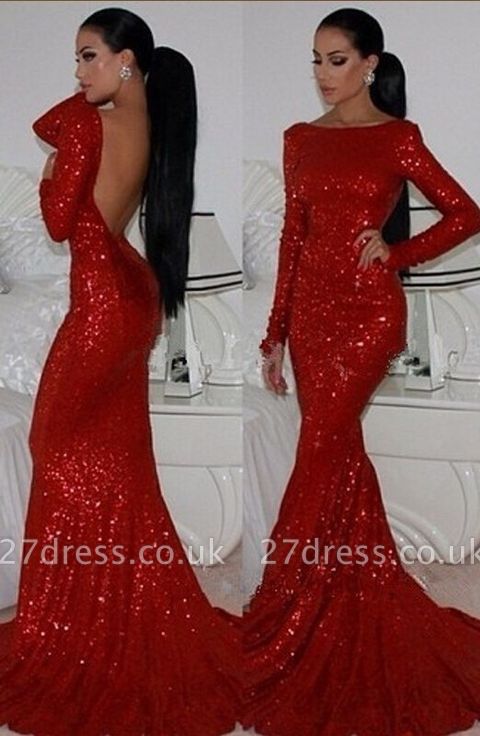 Elegant Red Mermaid Prom Dress UKes UK Long Sleeves High Neck Sparkly Evening Gowns with Sequined
