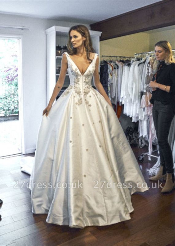 Modern V-Neck Sleeveless Wedding Dresses UK Princess Crystal Bridal Gowns