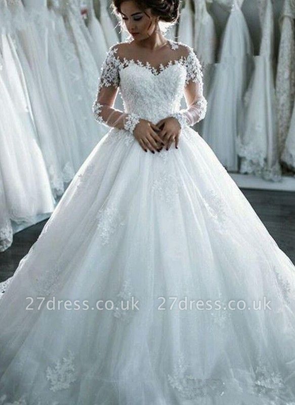 Ball-Gown Beaded Lace Sheer Long-Sleeves Wedding Dresses UK BA4150