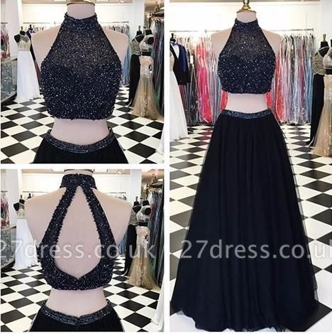 A-line High-Neck Black Two-Piece Beaded Long Prom Dress UKes UK