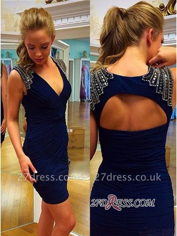 Modern Mini V-neck Crystal Zipper Bodycon Sleeveless Tight Homecoming Dress UK