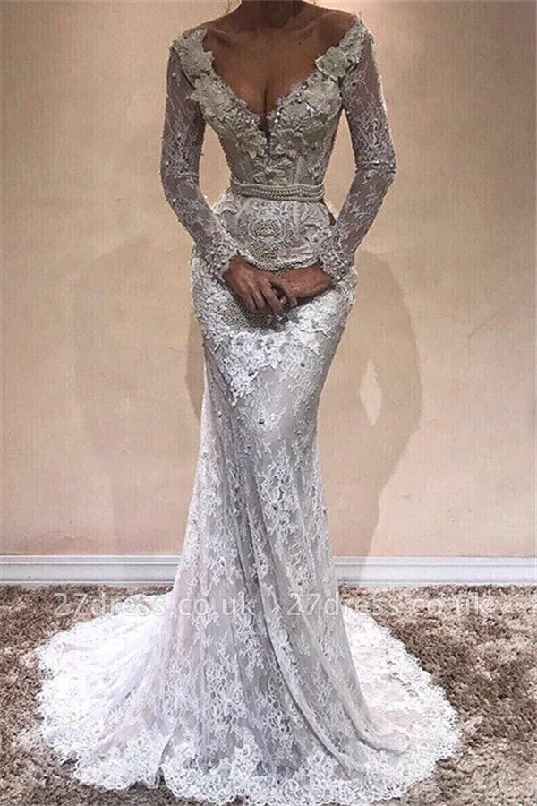 Elegant Sexy Mermaid Long Sleeves Wedding Dresses UK Lace  V-Neck Crystal Evening Dress