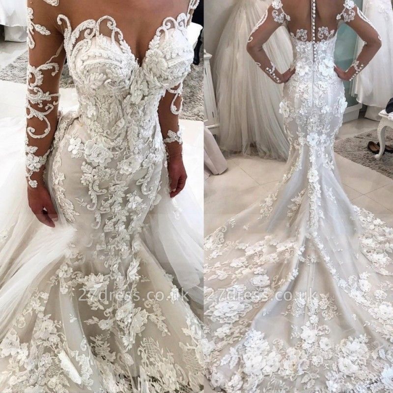 Delicate Lace Appliques Sexy Mermaid Wedding Dress | Long Sleeve Bridal ...