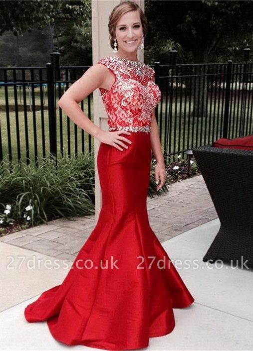 Luxury Crystal Mermaid Red Prom Dress UK Sleeveless Sweep Train