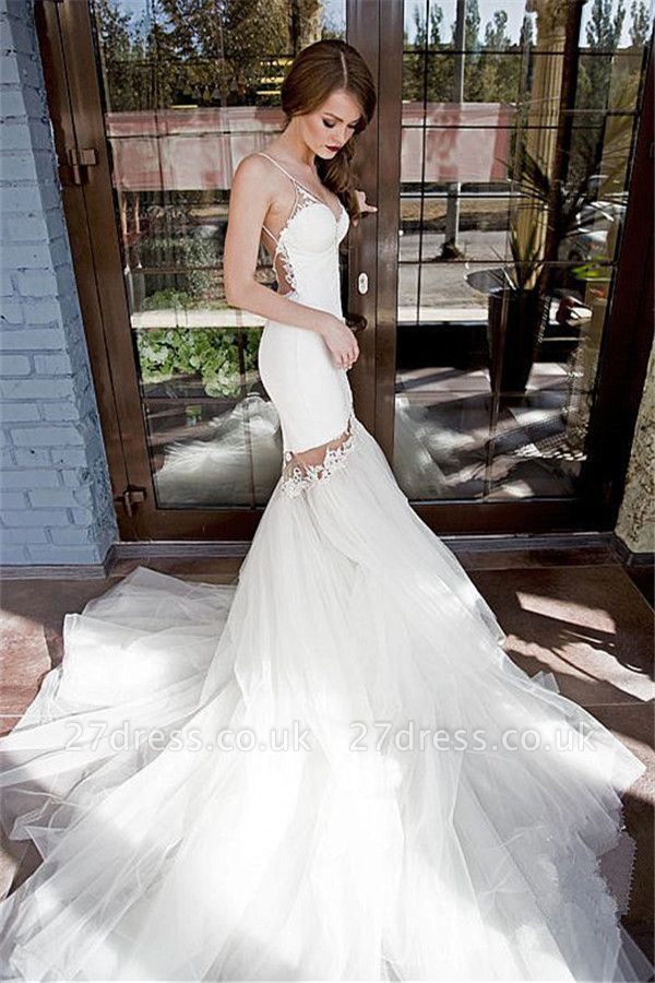 Backless Sexy Mermaid Wedding Dresses UK Spaghetti Straps Appliques Bridal Gowns