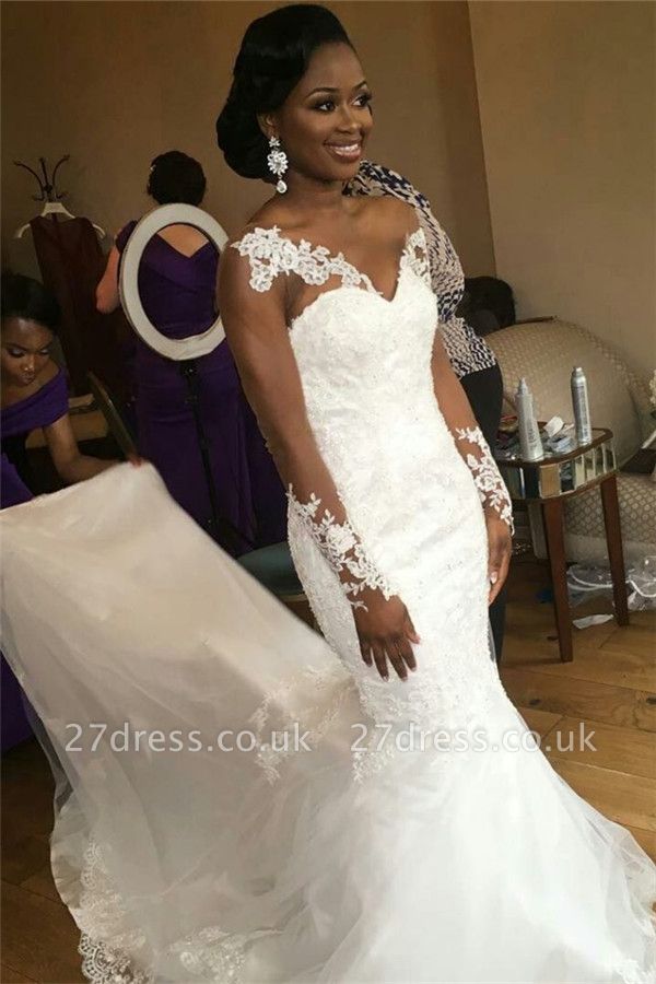 Jewel Lace Sheer-Neck Illusion Appliques Sexy Mermaid Long-Sleeve Nigeria Wedding Dresses UK