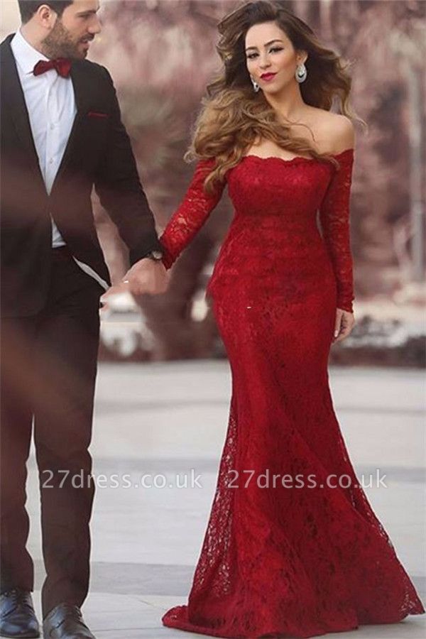 Lace Off-the-shoulder Red Sexy Long Long-Sleeve Mermaid Evening Dress UK BA3596