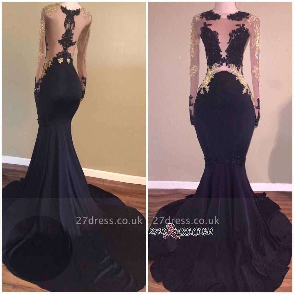 Long-Sleeve Elegant Mermaid Lace Zipper Black Prom Dress UK BA5324