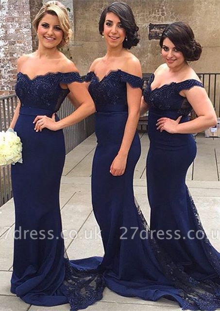 Elegant Off-the-shoulder Mermaid Lace Bridesmaid Dress UK Sweep Train JT144