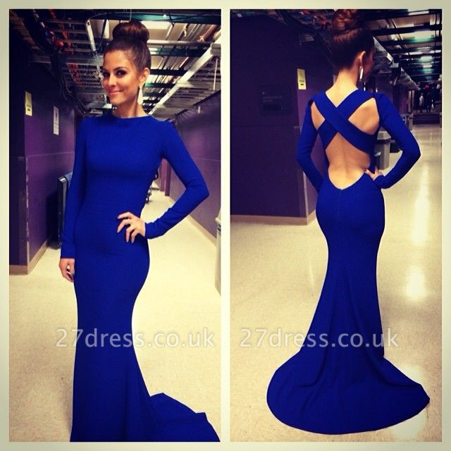 De Soiree Robe Mermaid Evening Dress UK High Neck Criss Cross Backless Royal Blue Prom Dress UKes UK with long sleeve