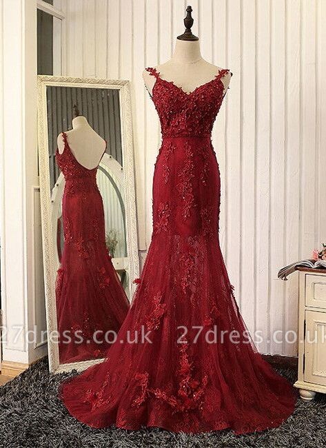 Lace Prom Burgundy Tulle Backless Mermaid Appliques Dress UKes UK Evening Gown