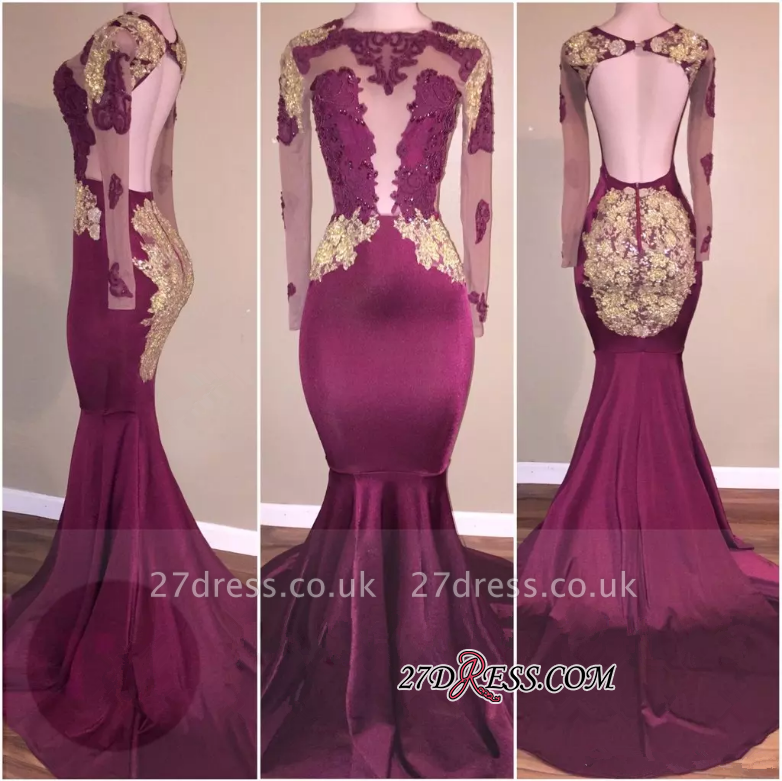 Luxury Appliques Long-Sleeve Open-Back Zipper Mermaid Prom Dress UK BA5385