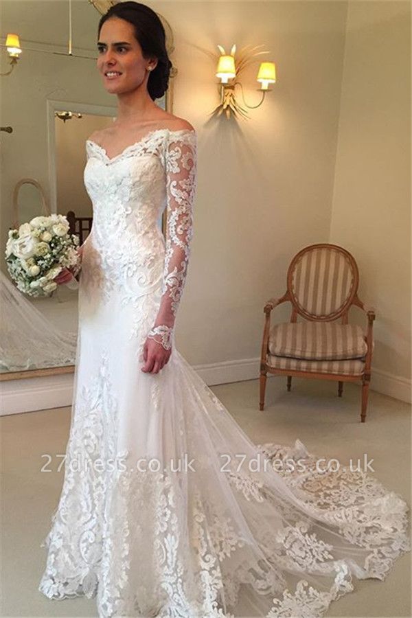 Court-Train Lace Long-Sleeve Sheath V-neck Off-the-shoulder Wedding Dresses UK BA4066