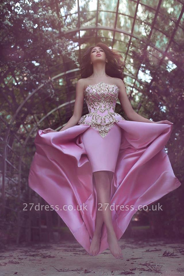 Elegant Lace Appliques Homecoming Dress UK Hi-Lo Strapless Sleeveless Satin Prom Dress