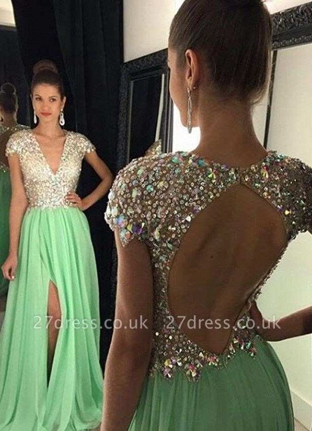 Stunning Cap Sleeve Crystal Prom Dress UKes UK Open Back Long Chiffon Prom Gown