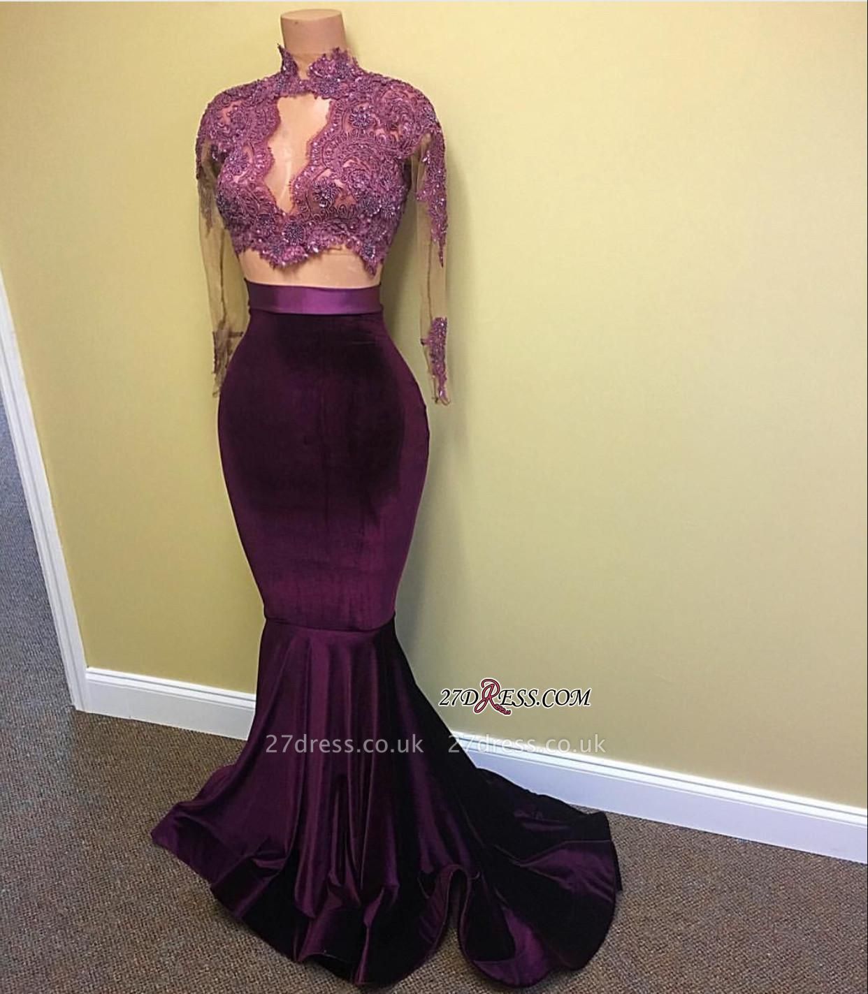Mermaid Long-Sleeve High-Neck Lace-Appliques Modest Prom Dress UK CE0072