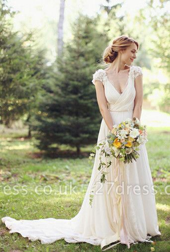 Modern V-neck  Flowers Wedding Dress Sweep Train