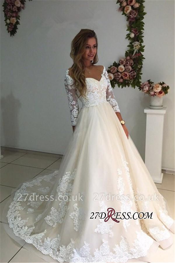 Backless Appliques Lace Long A-Line Sleeves Ivory Tulle Wedding Dresses UK