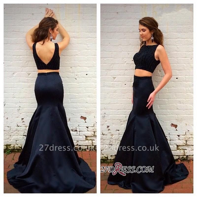 Sleeveless Crystals Two-Piece Top Black Mermaid Prom Dress UKes UK