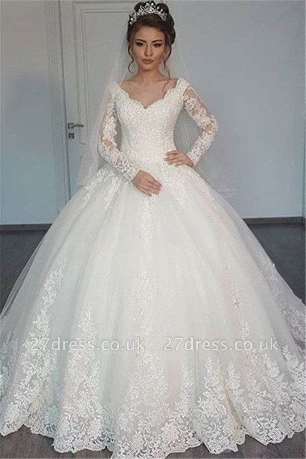 Tulle V-Neck Ball Elegant Lace Long-Sleeves Wedding Dress