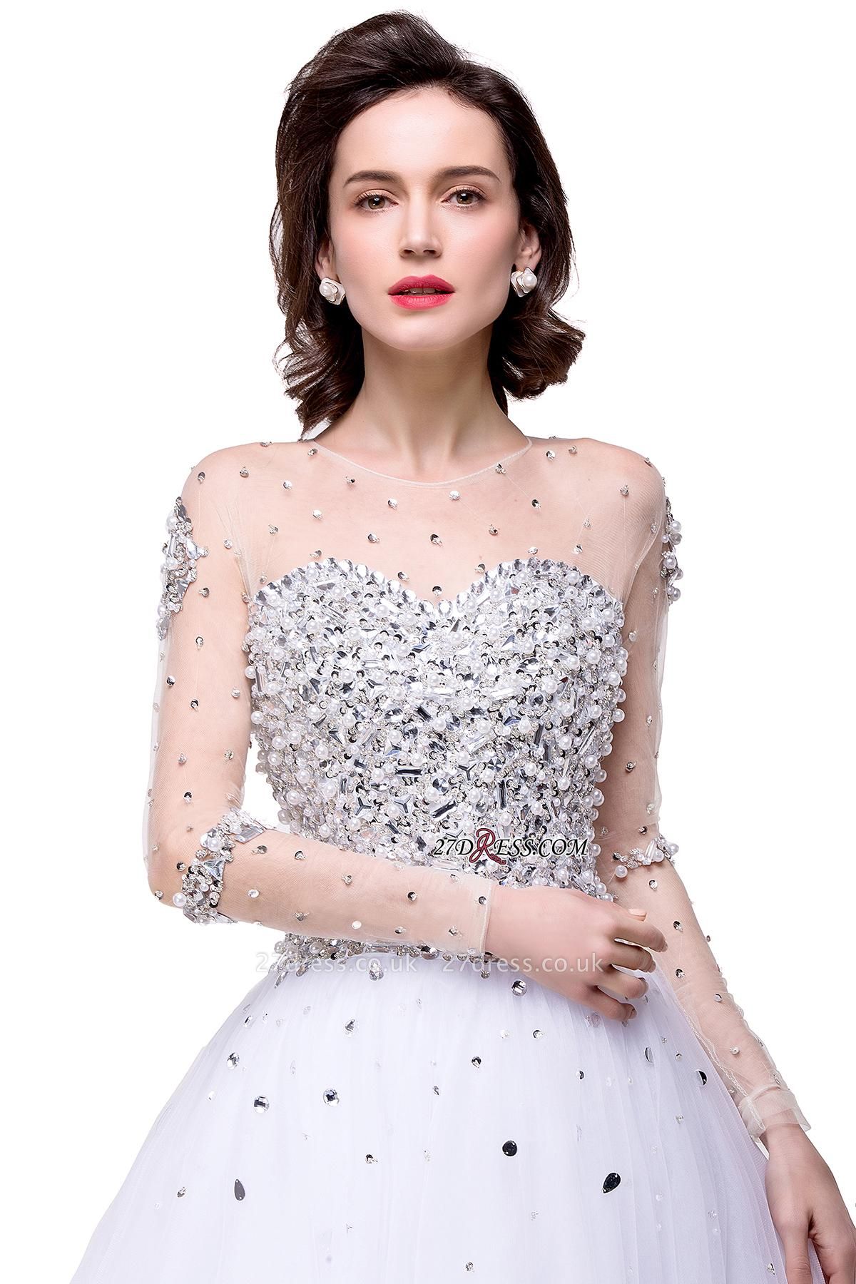 Long-Sleeves Crystal Elegant Lace-Up Tulle Wedding Dress