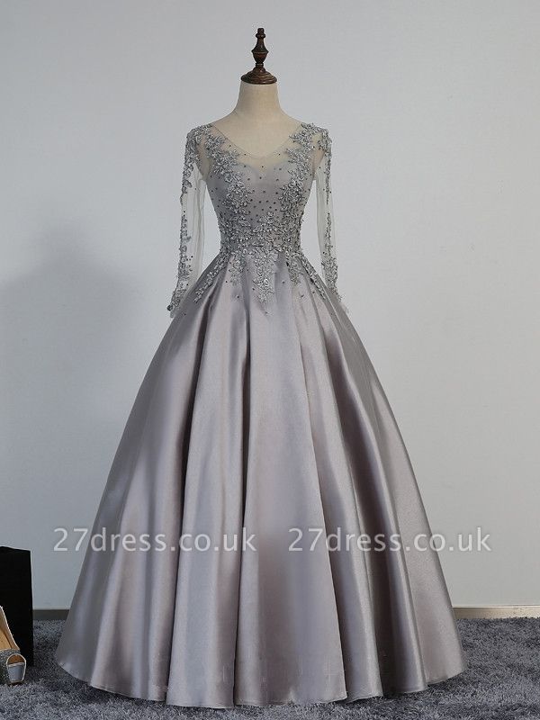 Modest Lace-Appliques Long-Sleeve Beading A-line Prom Dress UK