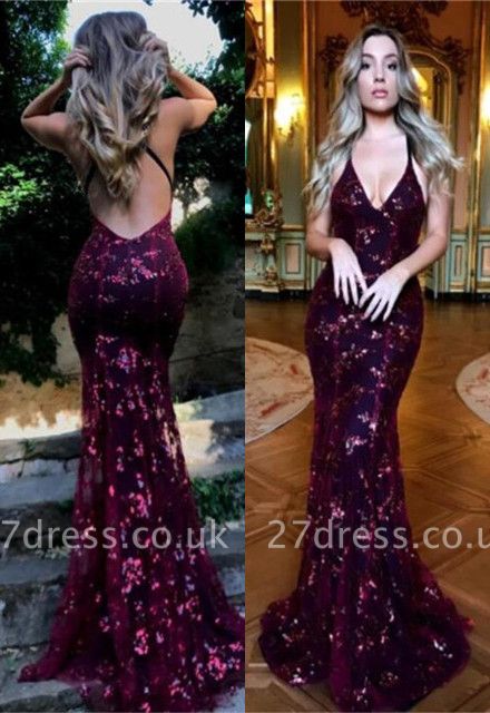 V-Neck Burgundy Prom Dress UK | Sequins Long Evening Gowns