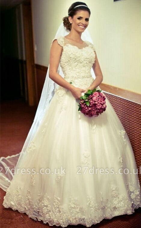 Cap-Sleeve Lace Tulle Ball Appliques Jewel Crystal-Belt Princess Gown Wedding Dress