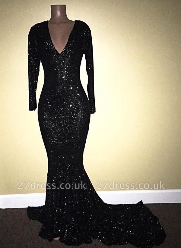 Black sequins prom Dress UK Long sleeve mermaid evening gowns V-Neck