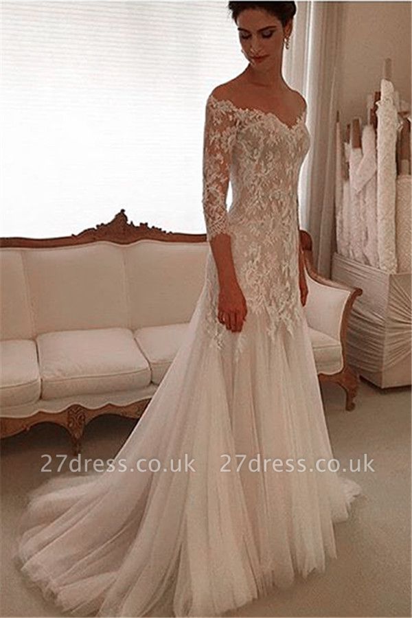 Elegant Off-the-shoulder 3/4 Length Sleeve Wedding Dress Lace Tulle