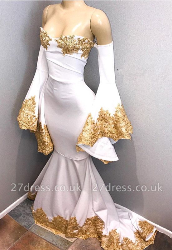 Long Sleeve Prom Dress UK with Gold Appliques Mermaid Evening Dress UK BA8276