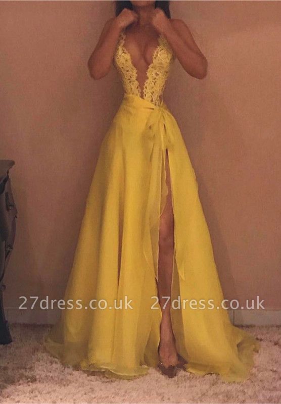 Yellow V-Neck Sleeveless Evening Dress UK | Lace Prom Dress UK With Split