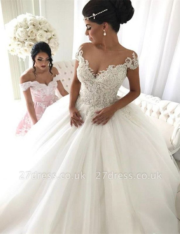 Modest Ball Gown Lace Off-the-shoulder Wedding Dress | Ivory Bridal Gown