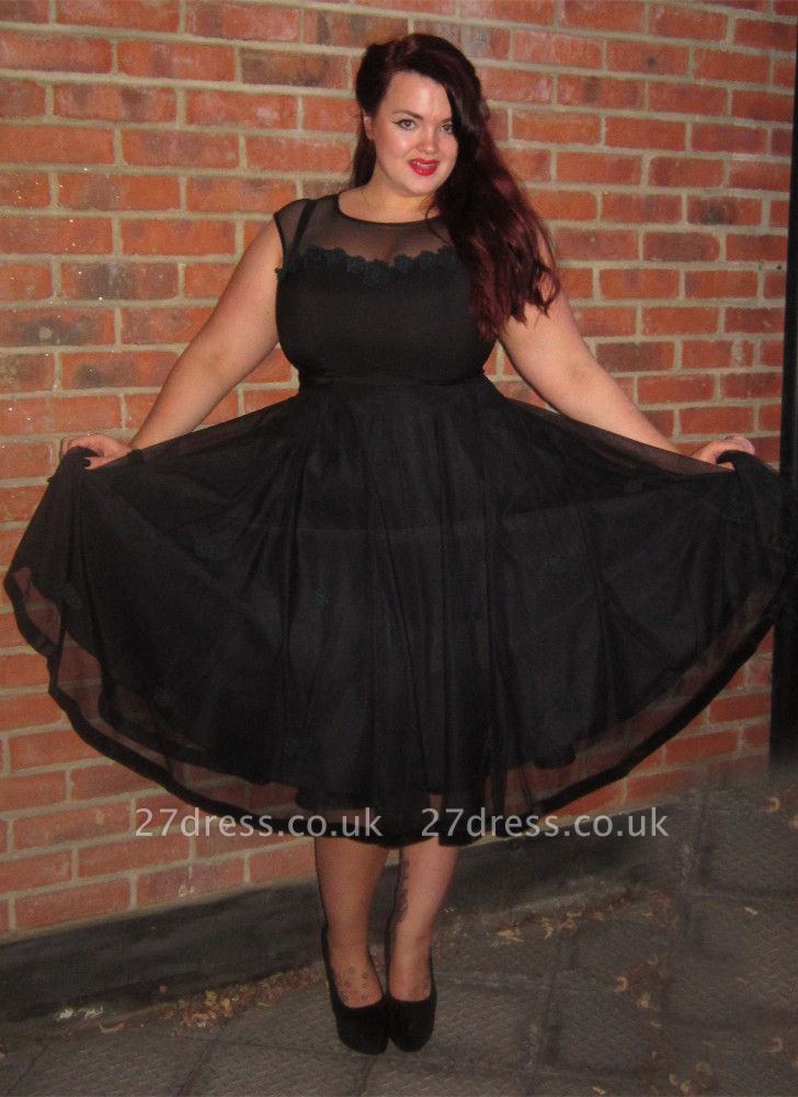 Cap-Sleeve A-line Plus-Size Black Jewel Tea-Length Prom Dress UK BA6869