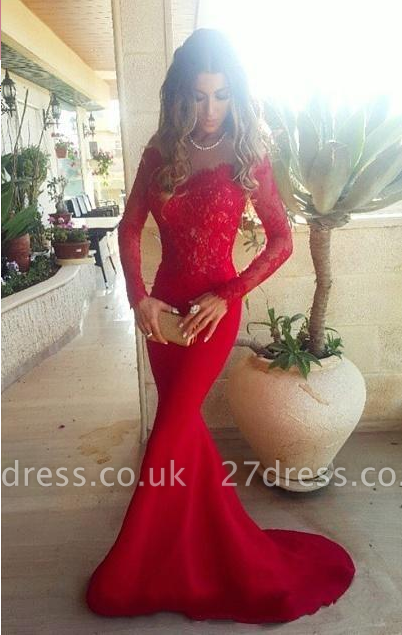 Elegant Red Lace Appliques Mermaid Prom Dress UK Sweep Train Long Sleeve